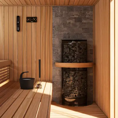 STONE WALL WITH BLACK ACC and sawo 30 wall 600x400px