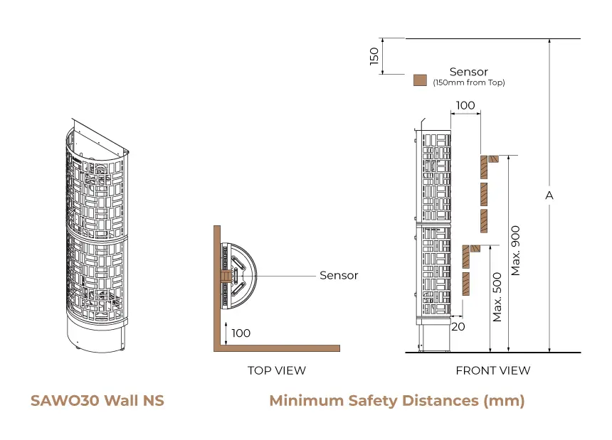 SAWO30 Wall Black NS heater minimum safety distances diagram