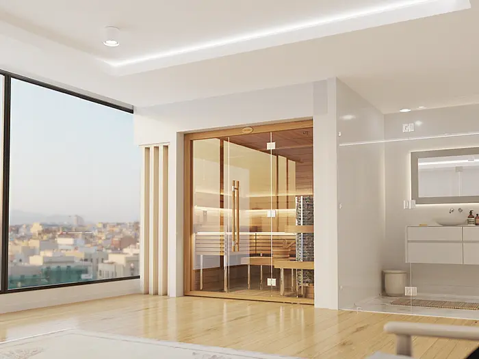 Glass Front Sauna Room by SAWO SAWO Glass Front Sauna Room with tempered glass panels