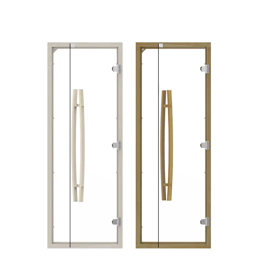 Clear Glass Reversible Sauna Door with Vertical Wooden Handle Arc