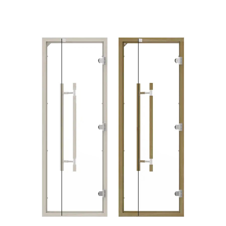 Clear Glass Reversible Sauna Door with Vertical Wooden Handle Metal