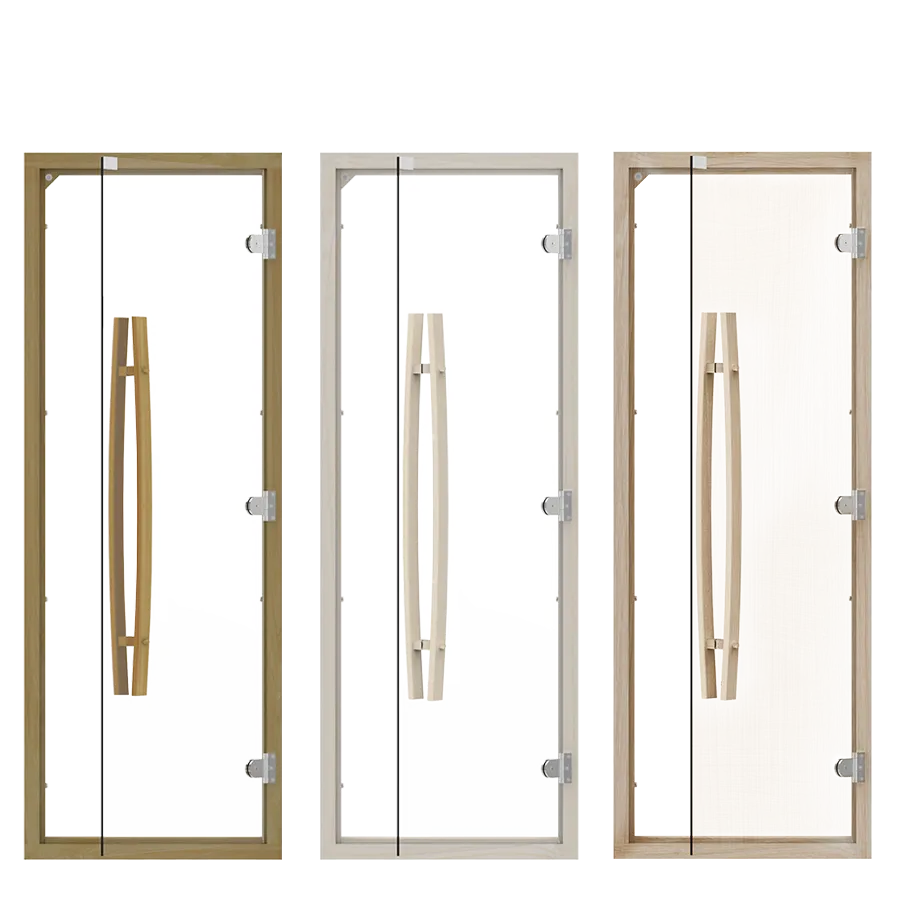 Clear Glass Reversible Sauna Door with Vertical Wooden Handle Arc