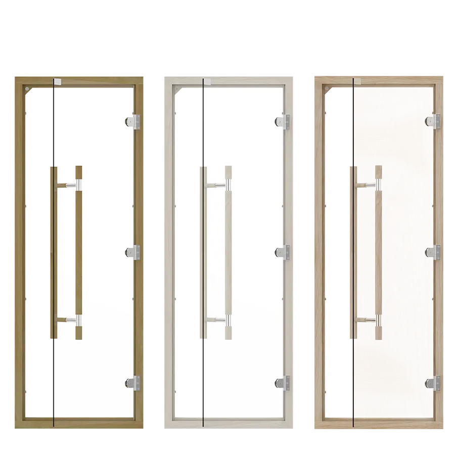 Clear Glass Reversible Sauna Door with Vertical Wooden Handle Metal